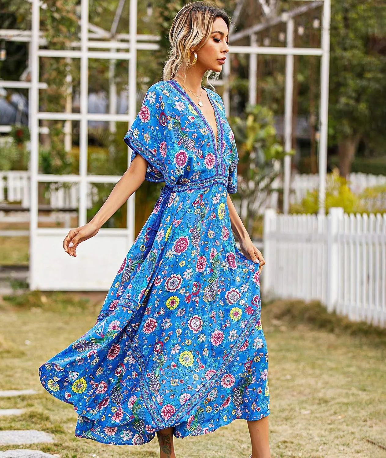 R.Vivimos Women Summer Print Deep V Neck Cotton Beach Long Dresses