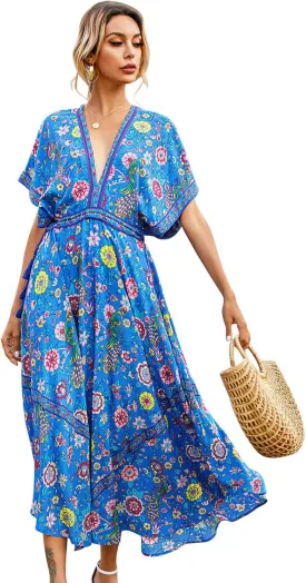 R.Vivimos Women Summer Print Deep V Neck Cotton Beach Long Dresses