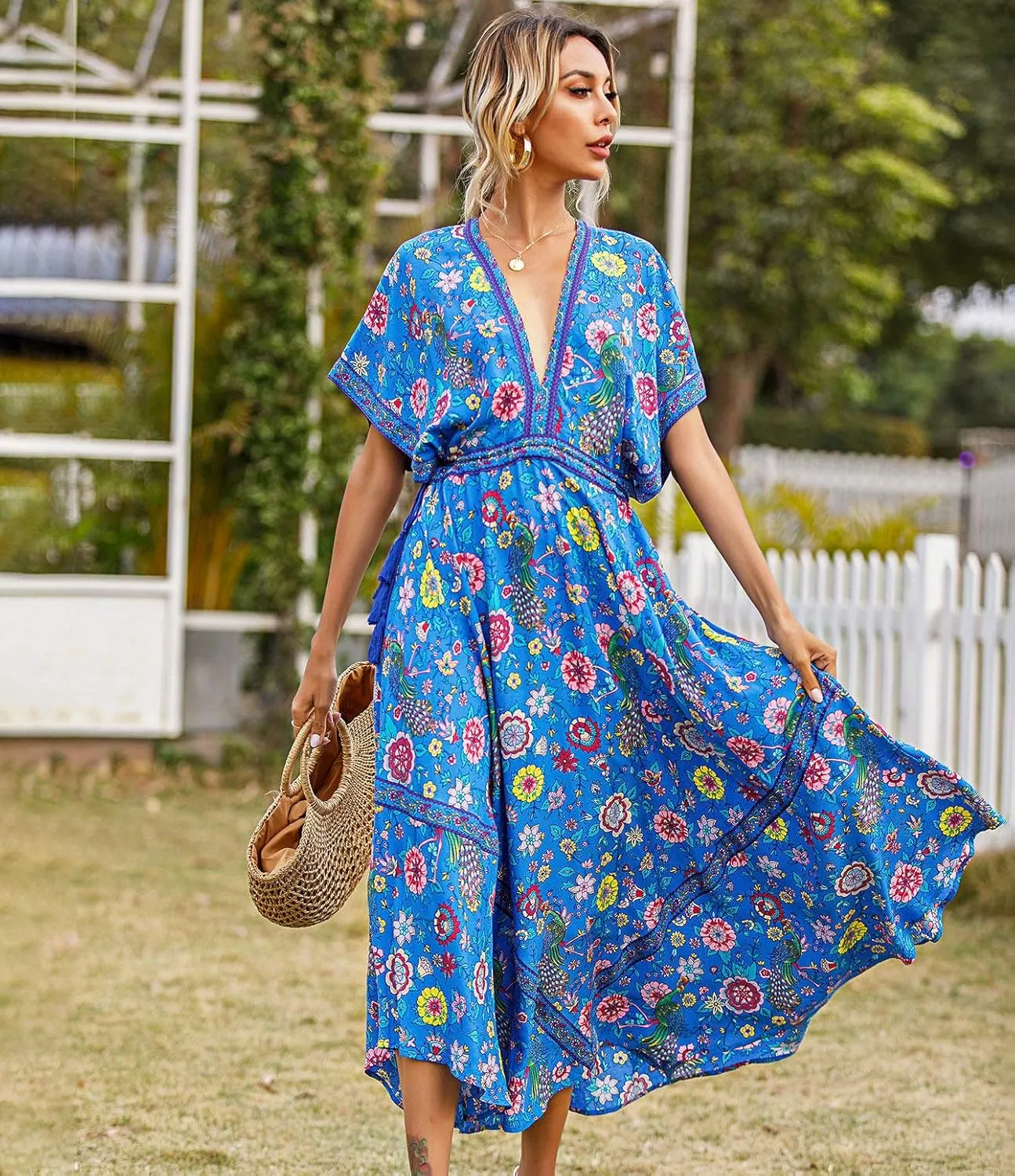 R.Vivimos Women Summer Print Deep V Neck Cotton Beach Long Dresses