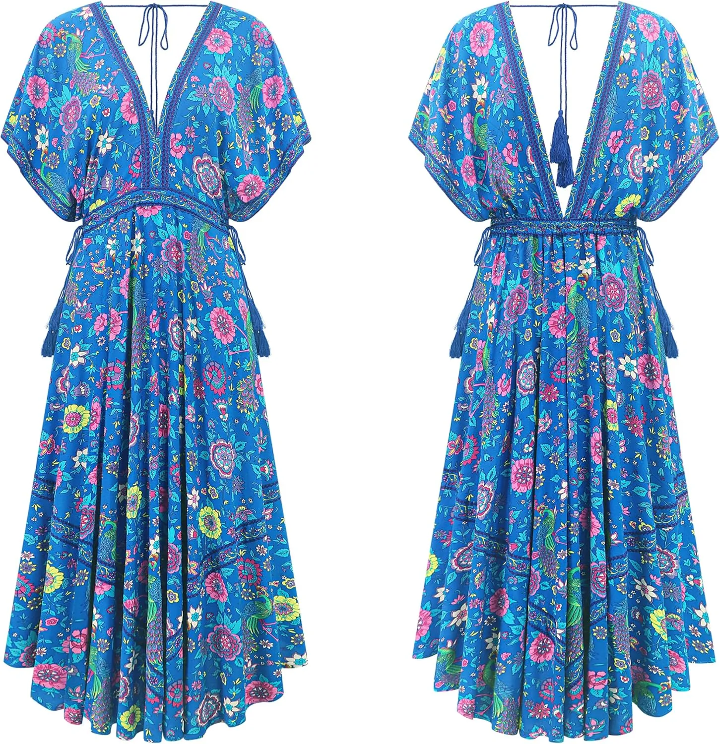 R.Vivimos Women Summer Print Deep V Neck Cotton Beach Long Dresses