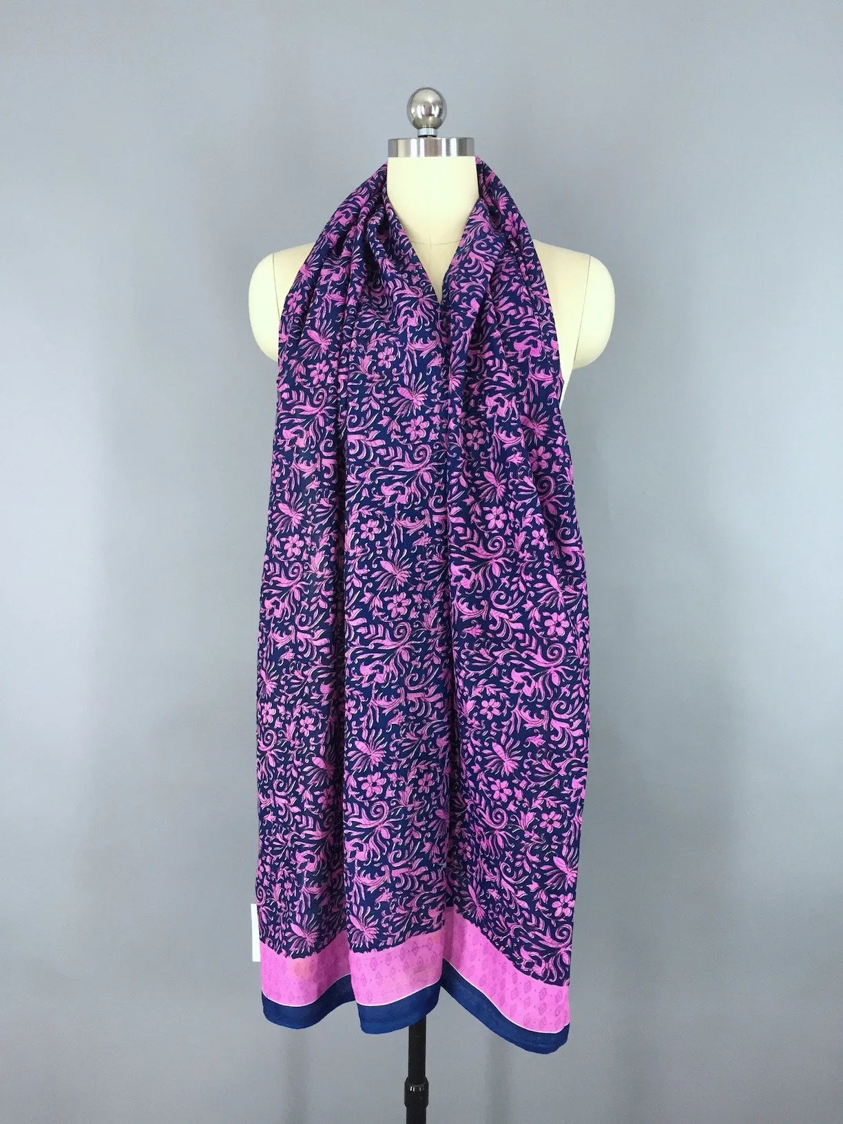 Sari Scarf / Blue & Pink Floral Batik Print