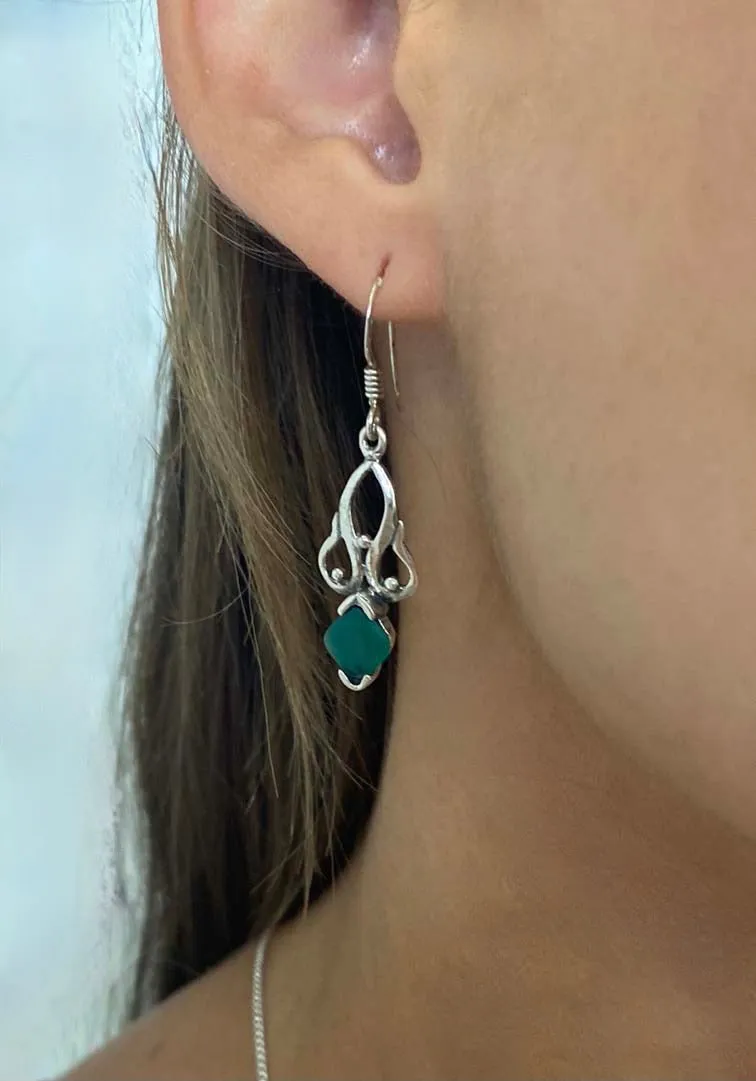 Solid Silver Green Onyx Raj Drop Earrings
