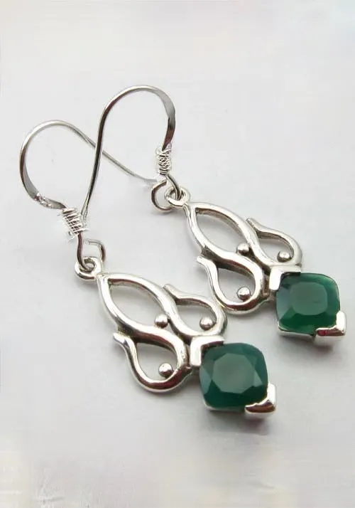 Solid Silver Green Onyx Raj Drop Earrings