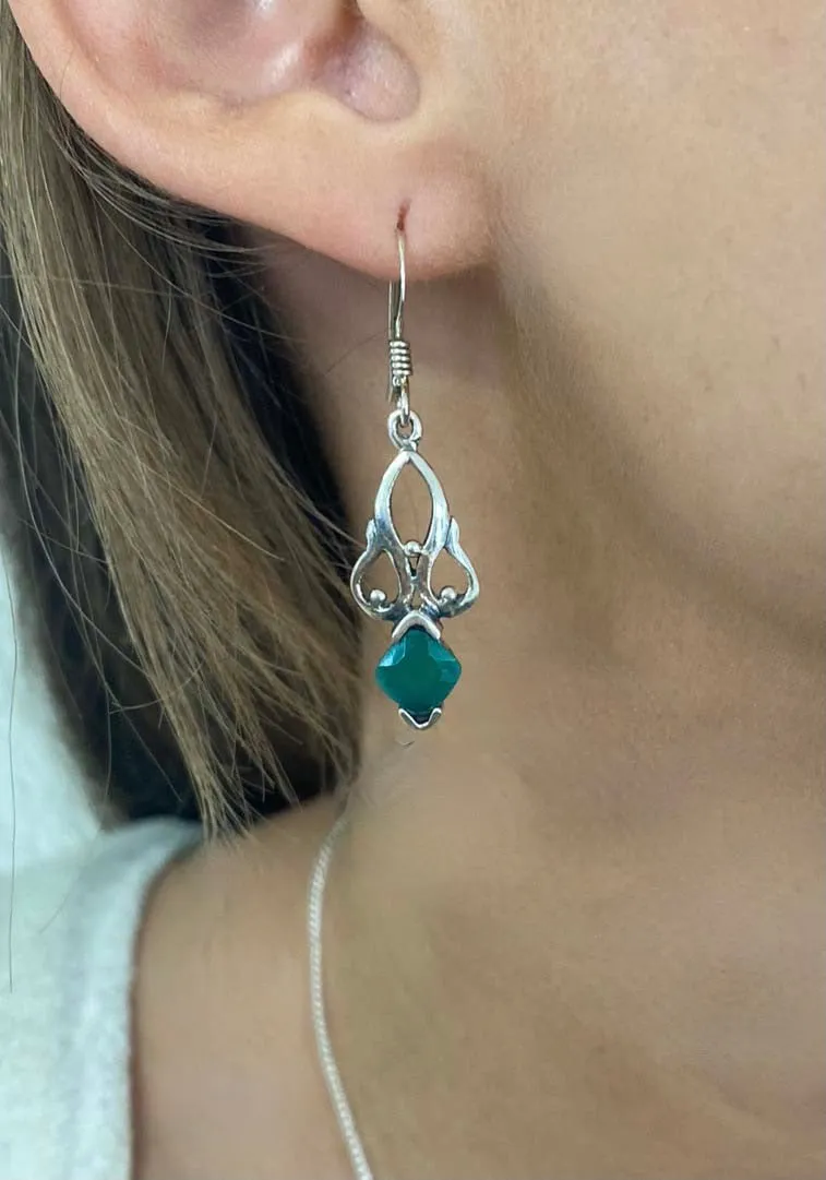 Solid Silver Green Onyx Raj Drop Earrings