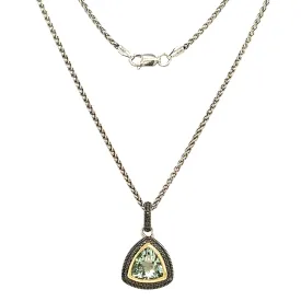 Trillion Green Quartz Antiqued Necklace with 14K Yellow Gold Accent in Sterling Silver