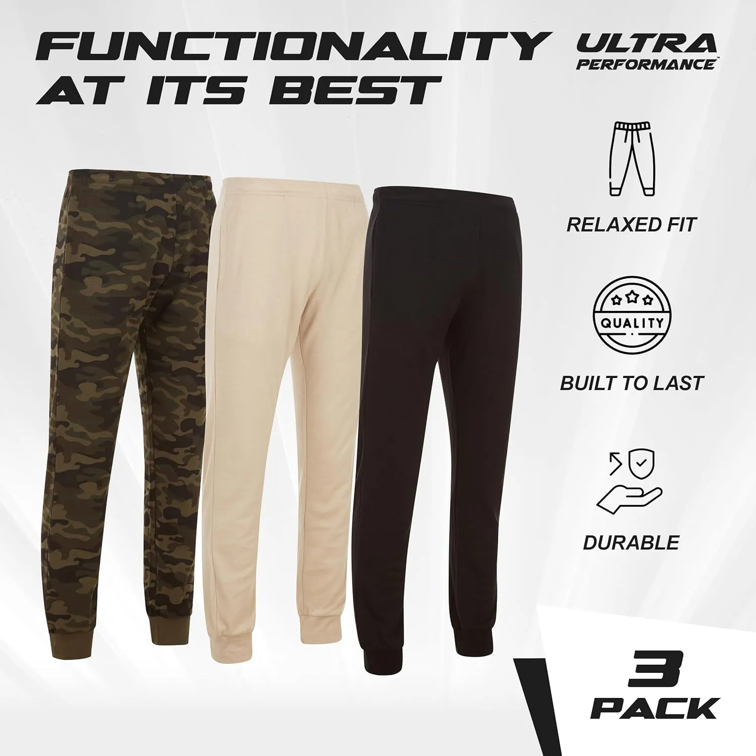 Ultra Performance 3 Pack Mens Lightweight Joggers for Men Casual Lounge Jogger Sweatpants with Pockets (SM - 4X)