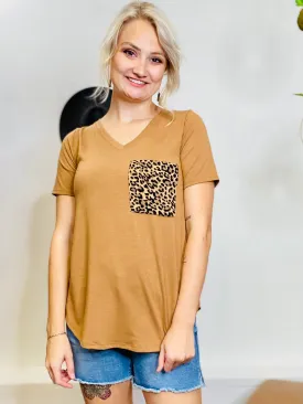 V Neck Leopard Pocket Tee
