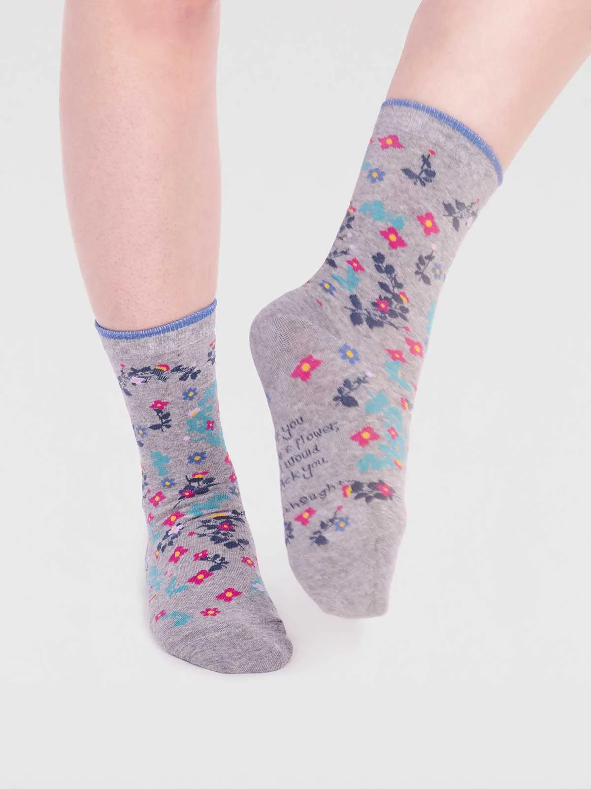 Viola Organic Cotton Floral Socks In A Bag - Grey Marle
