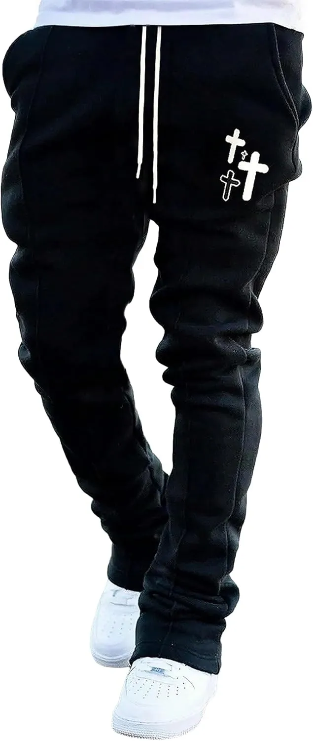 WDIRARA Men's Graphic Printed Stacked Sweatpants Flared Leg Y2K Drawstring Waisted Casual Jogger Pants with Pockets