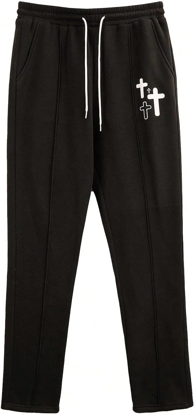 WDIRARA Men's Graphic Printed Stacked Sweatpants Flared Leg Y2K Drawstring Waisted Casual Jogger Pants with Pockets