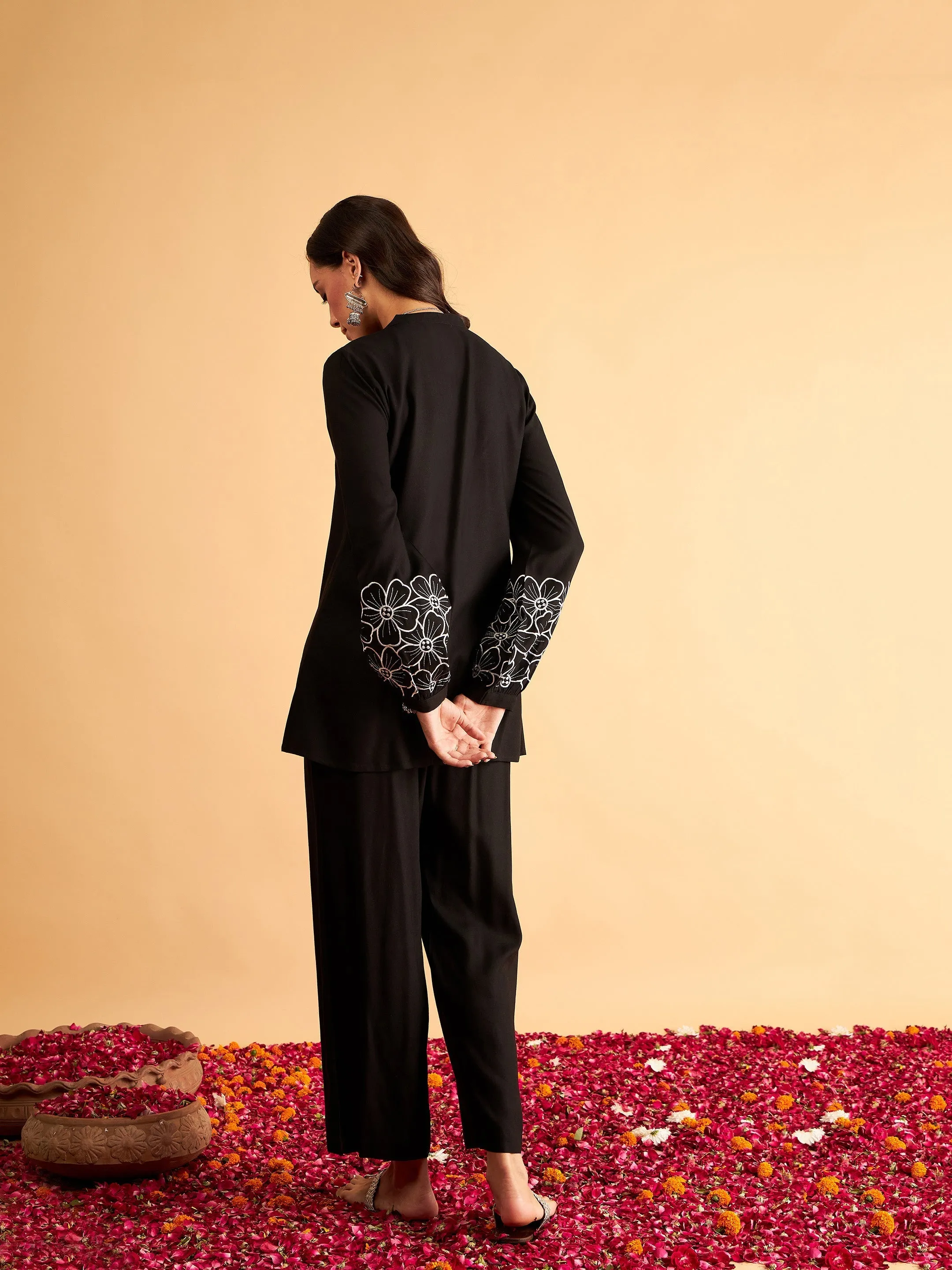Women Black Sleeves Embroidered Shirt With Pants