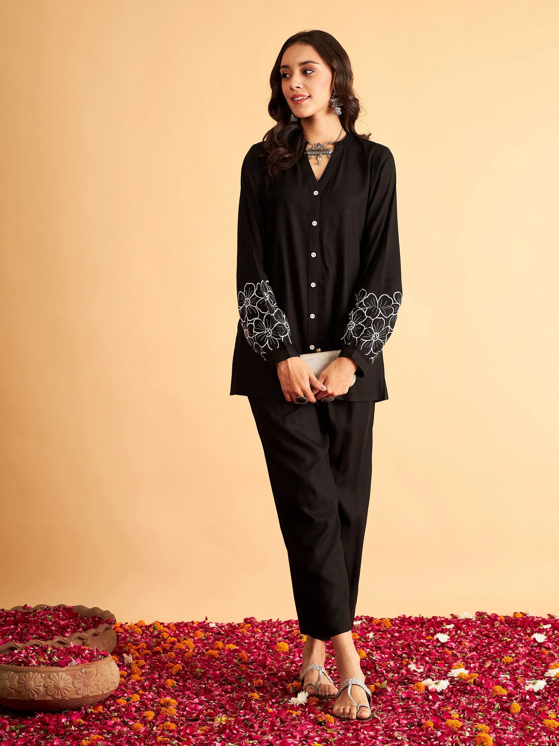 Women Black Sleeves Embroidered Shirt With Pants