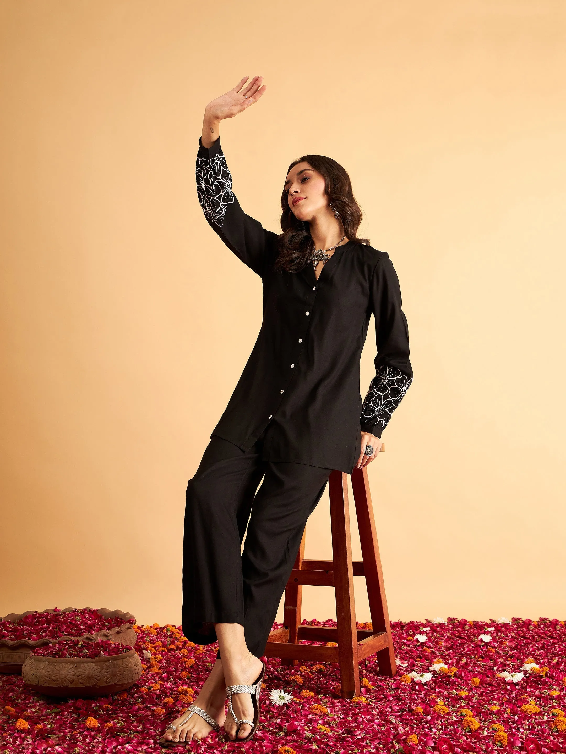 Women Black Sleeves Embroidered Shirt With Pants