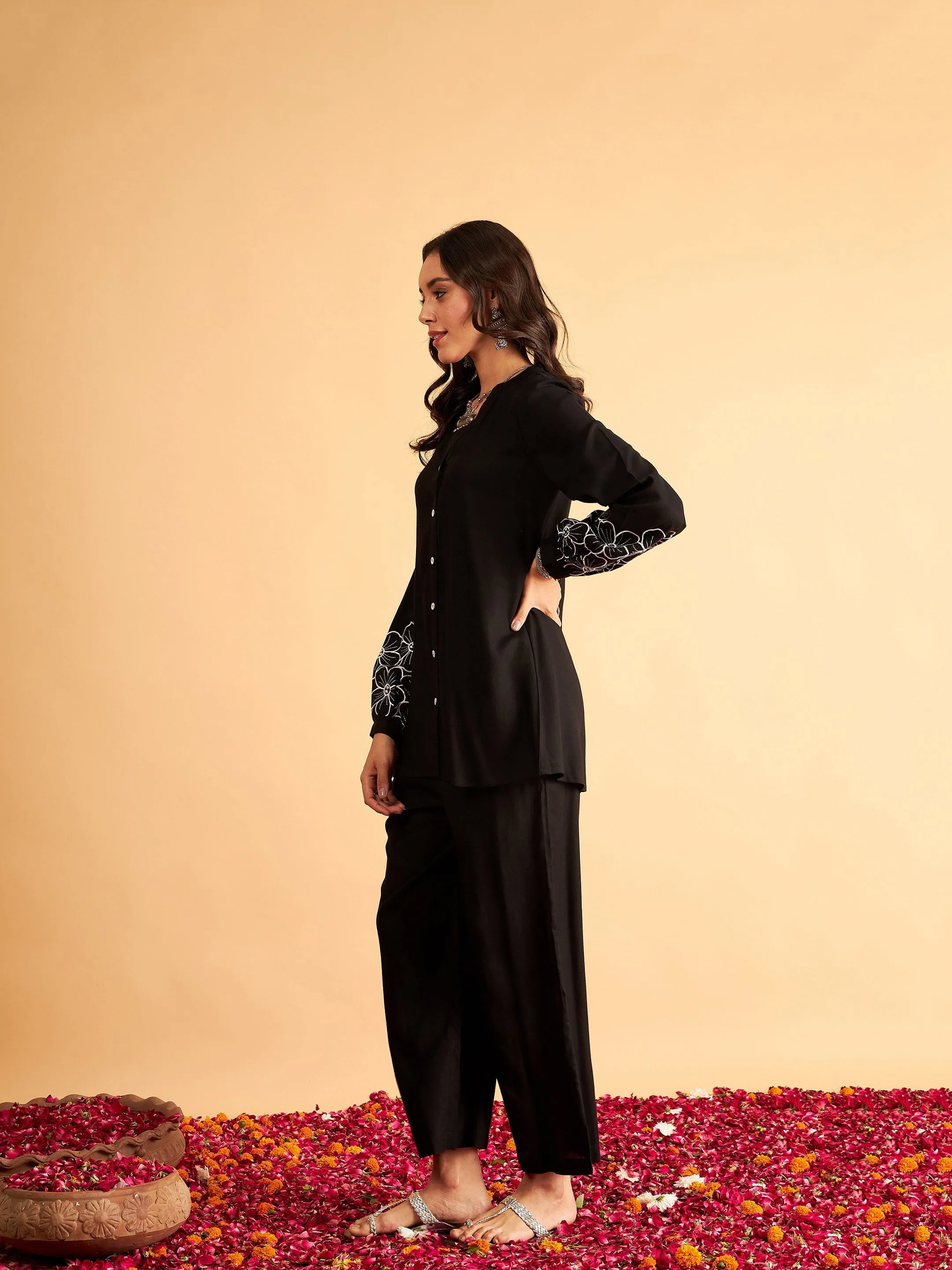 Women Black Sleeves Embroidered Shirt With Pants