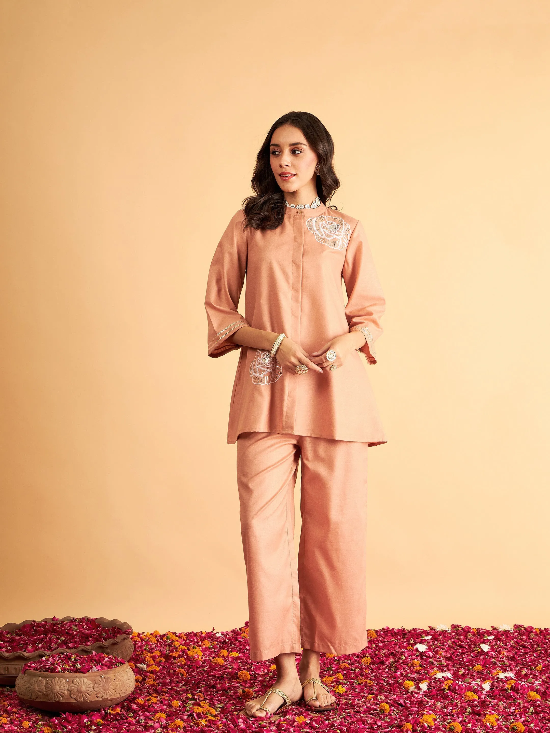 Women Brown Embroidered Collar Shirt With Pants