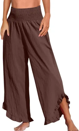 Women Palazzo Pants Smock Elastic Waist Wide Leg Ruffle Hem Pant Solid Flowy Beach Trousers with Pocket