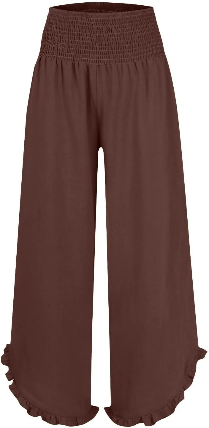 Women Palazzo Pants Smock Elastic Waist Wide Leg Ruffle Hem Pant Solid Flowy Beach Trousers with Pocket