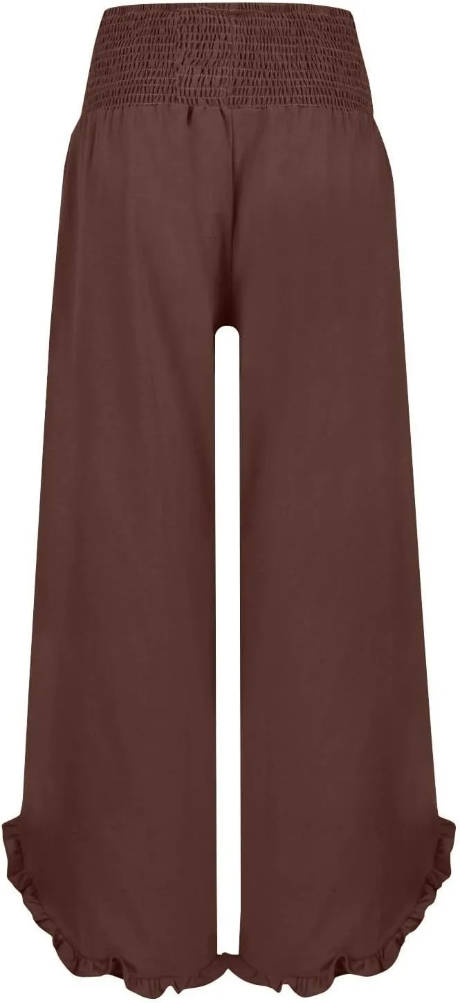 Women Palazzo Pants Smock Elastic Waist Wide Leg Ruffle Hem Pant Solid Flowy Beach Trousers with Pocket