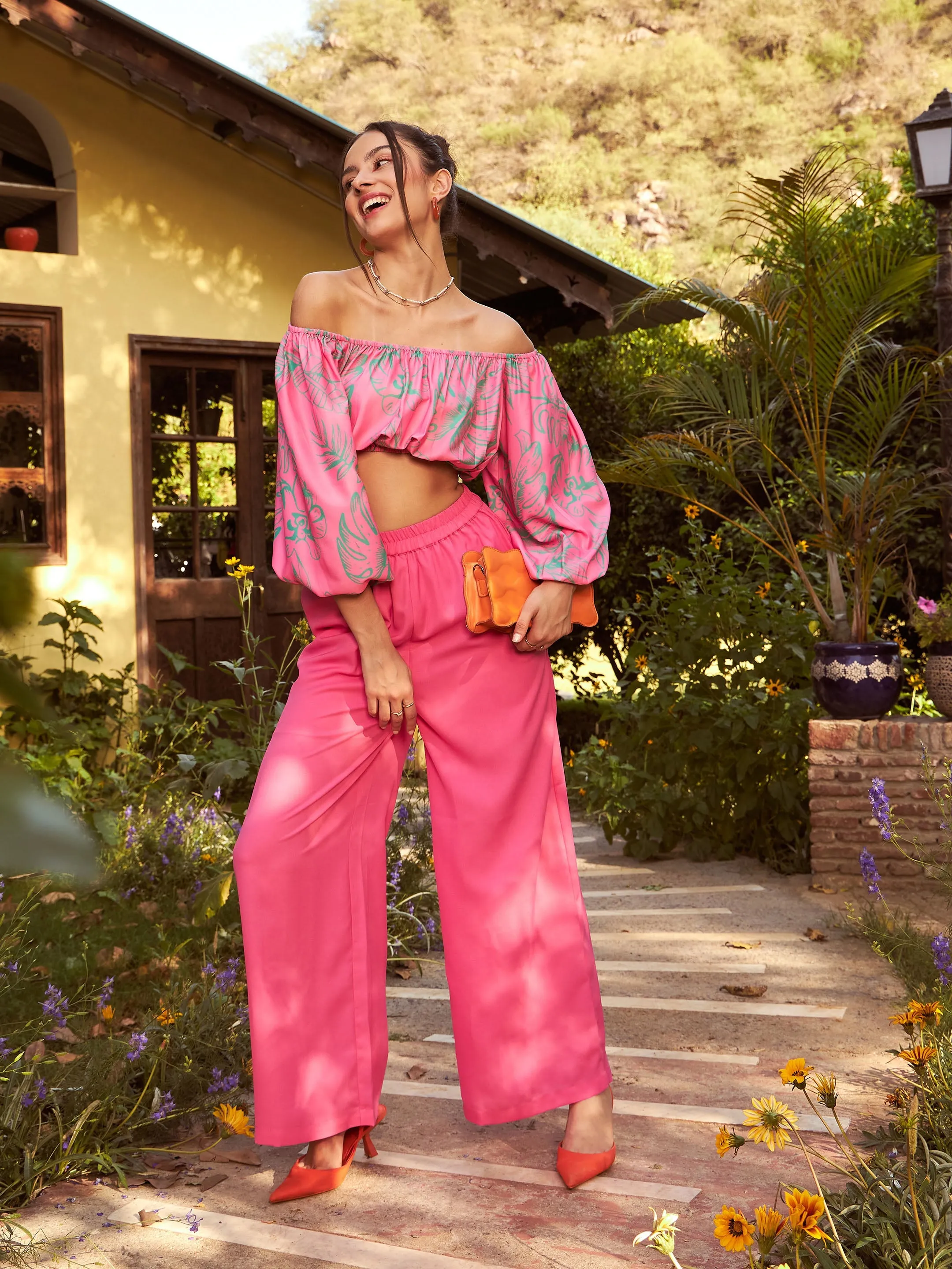 Women Pink Floral Off-Shoulder Top With Straight Pants