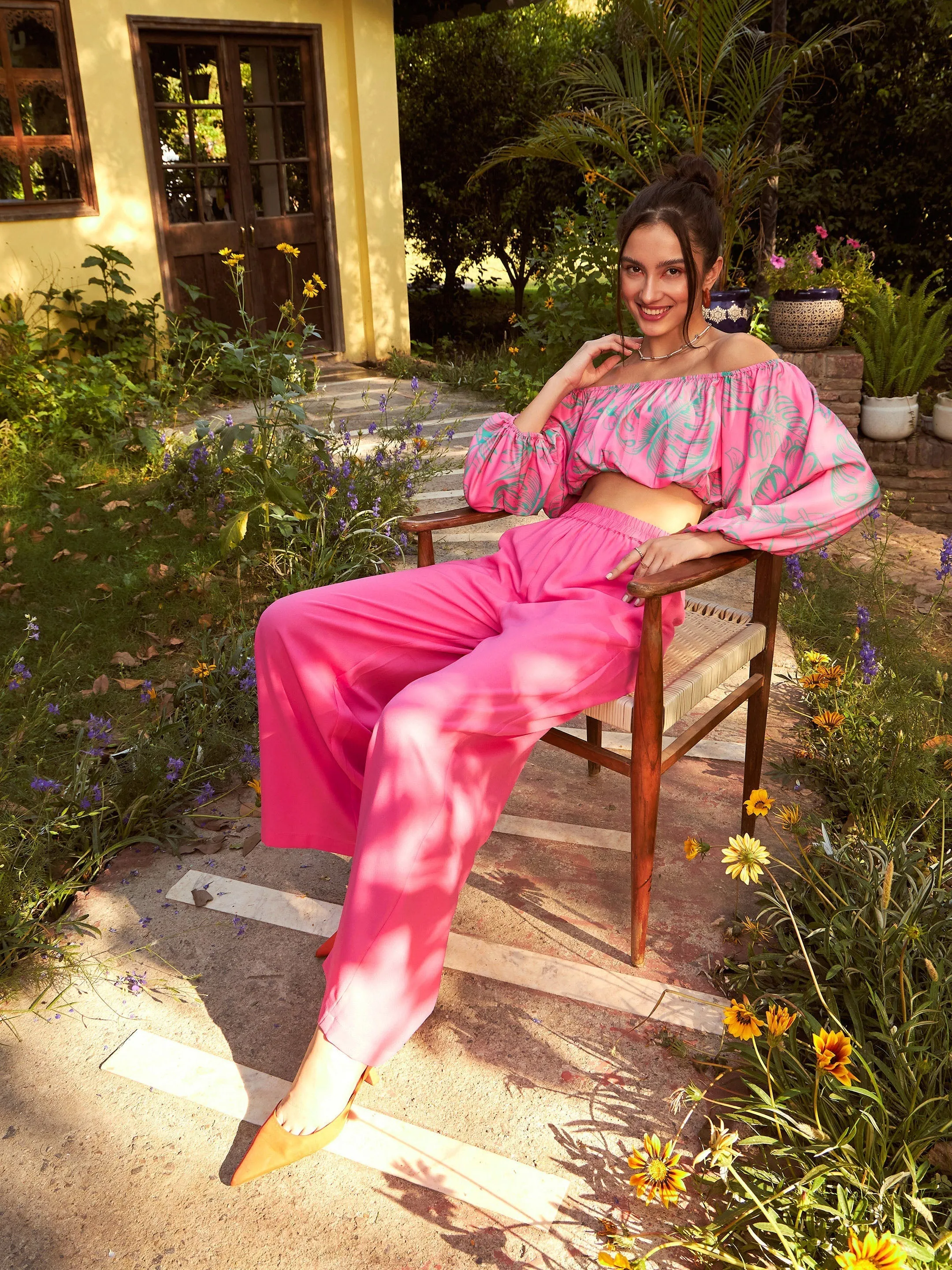 Women Pink Floral Off-Shoulder Top With Straight Pants