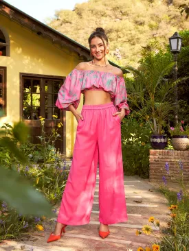 Women Pink Floral Off-Shoulder Top With Straight Pants