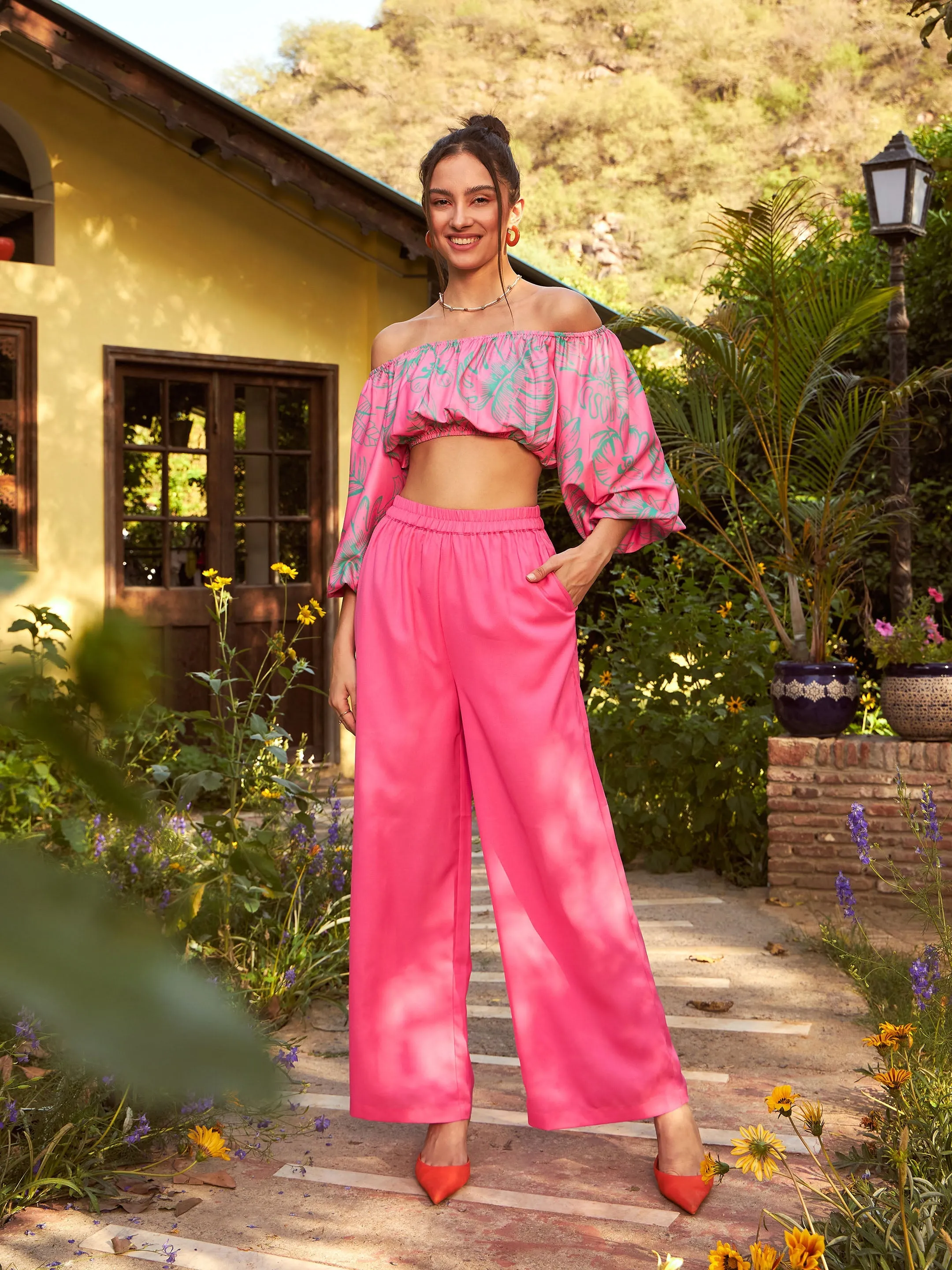 Women Pink Floral Off-Shoulder Top With Straight Pants