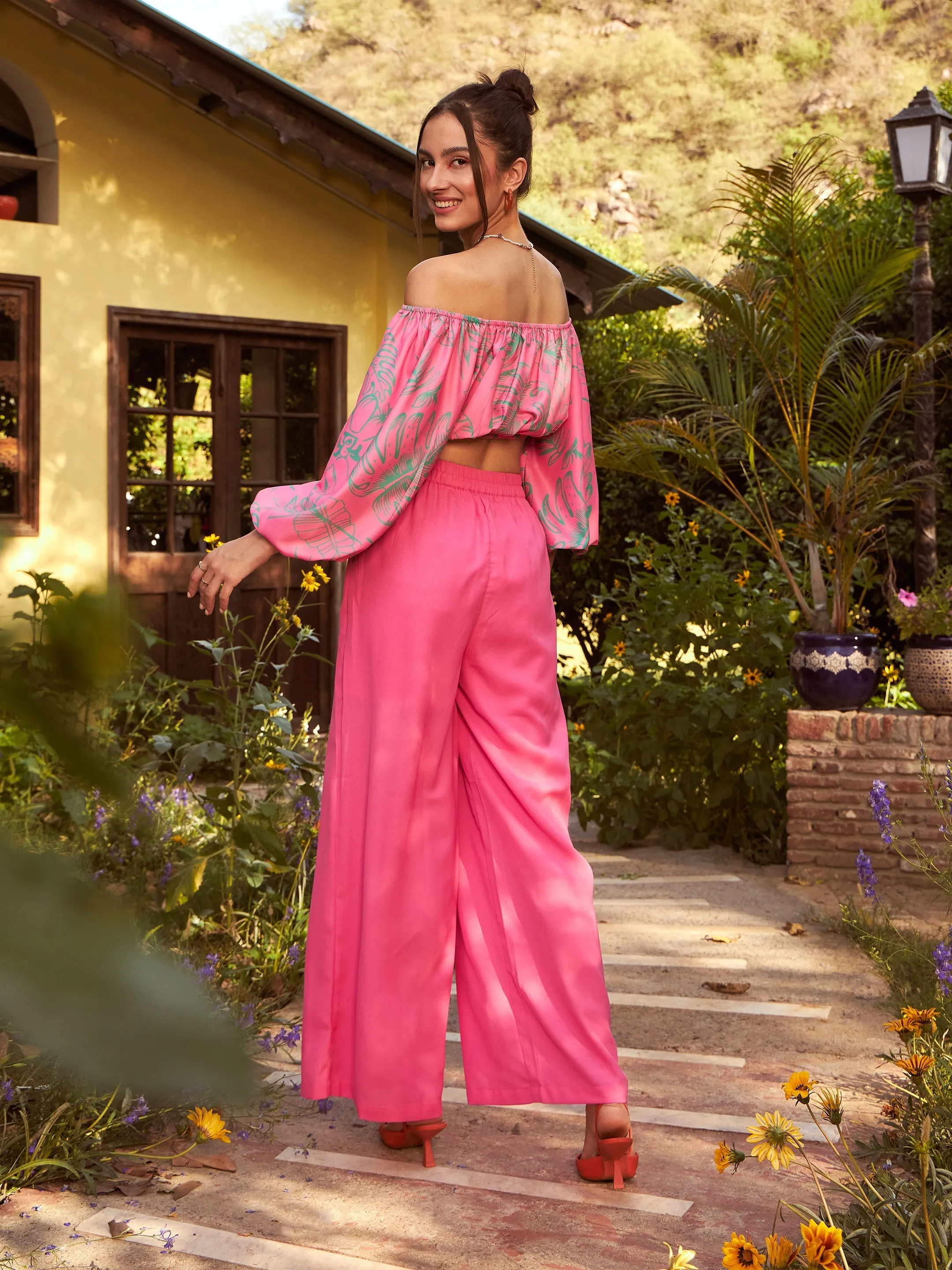 Women Pink Floral Off-Shoulder Top With Straight Pants
