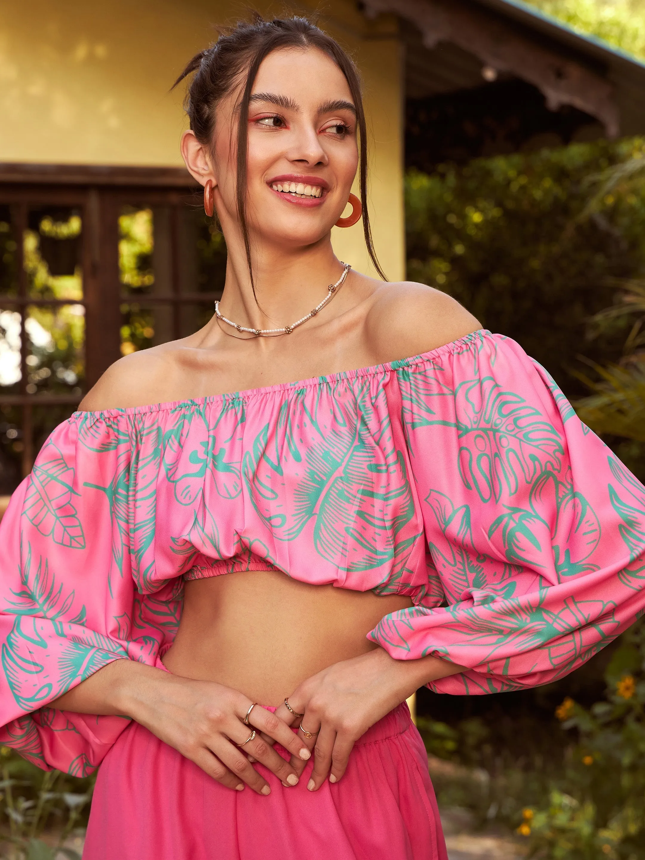 Women Pink Floral Off-Shoulder Top With Straight Pants