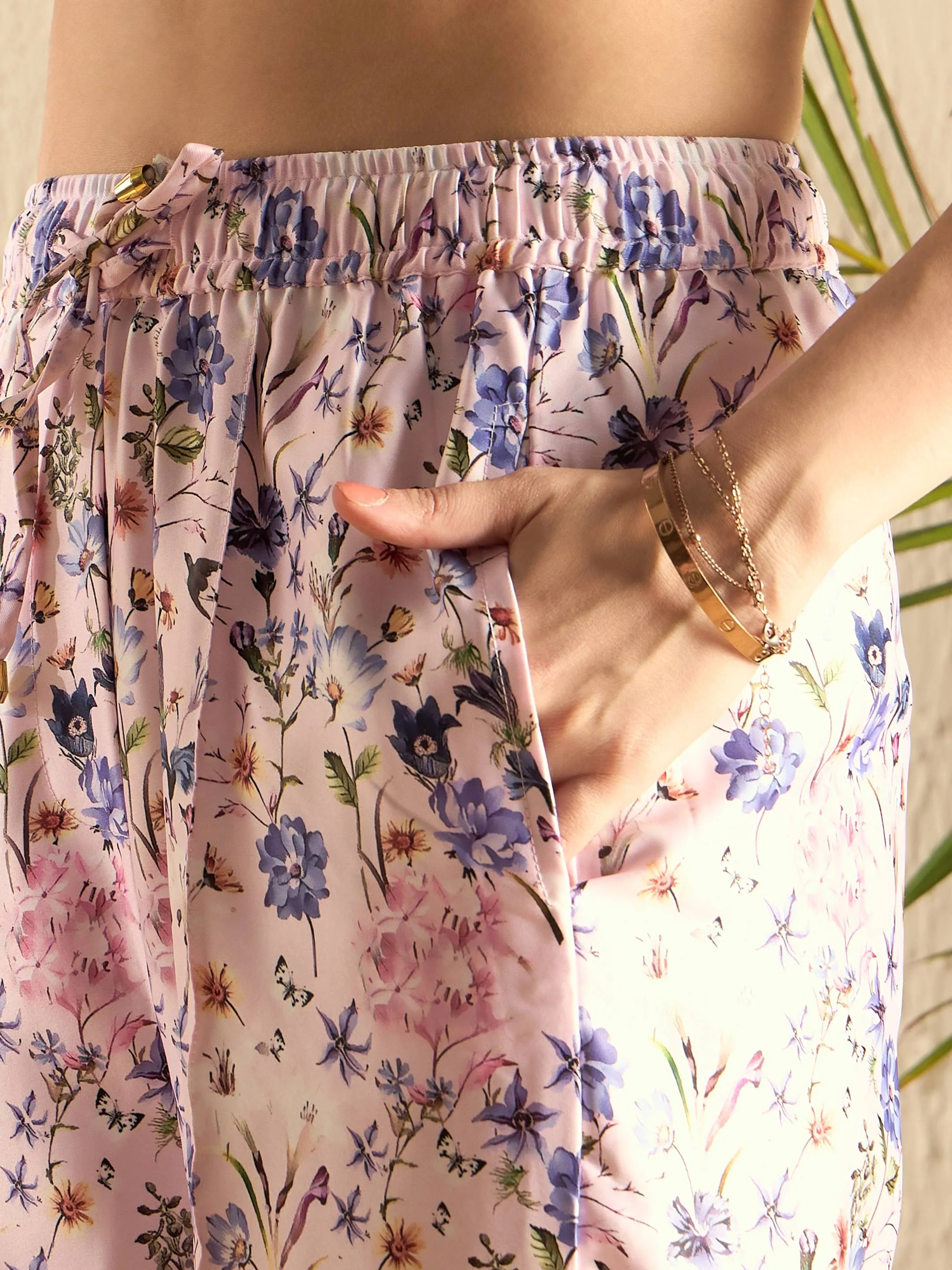 Women Pink Satin Floral Shirt With Darted Pants
