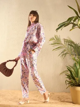 Women Pink Satin Floral Shirt With Darted Pants