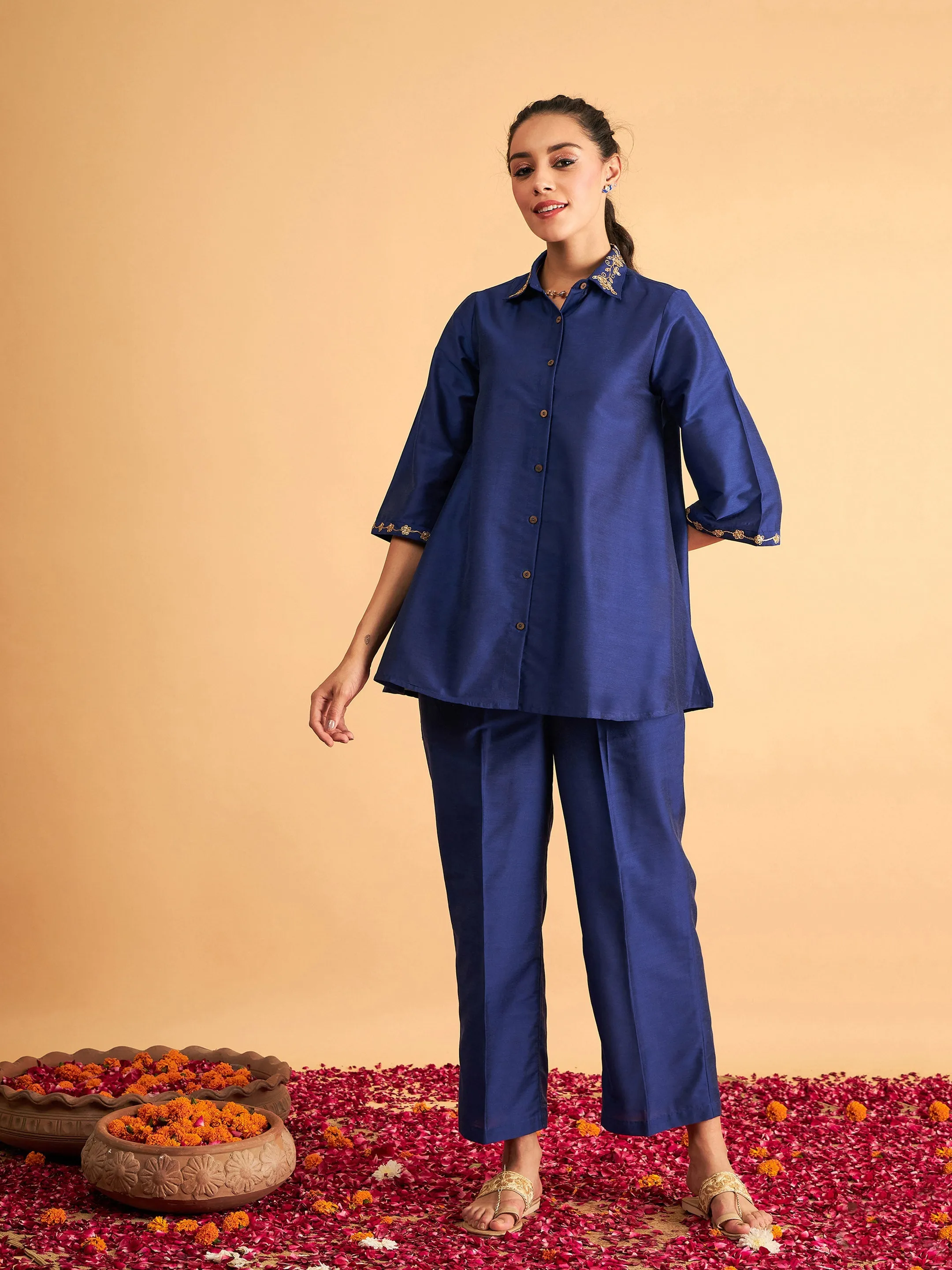 Women Royal Blue Embroidered Collar Shirt With Pants