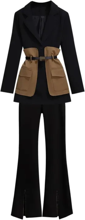 Women's Casual Blazer Set Spring and Autumn Midi Suit Coat Black Pants Two-Piece Set
