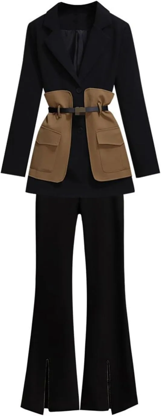 Women's Casual Blazer Set Spring and Autumn Midi Suit Coat Black Pants Two-Piece Set