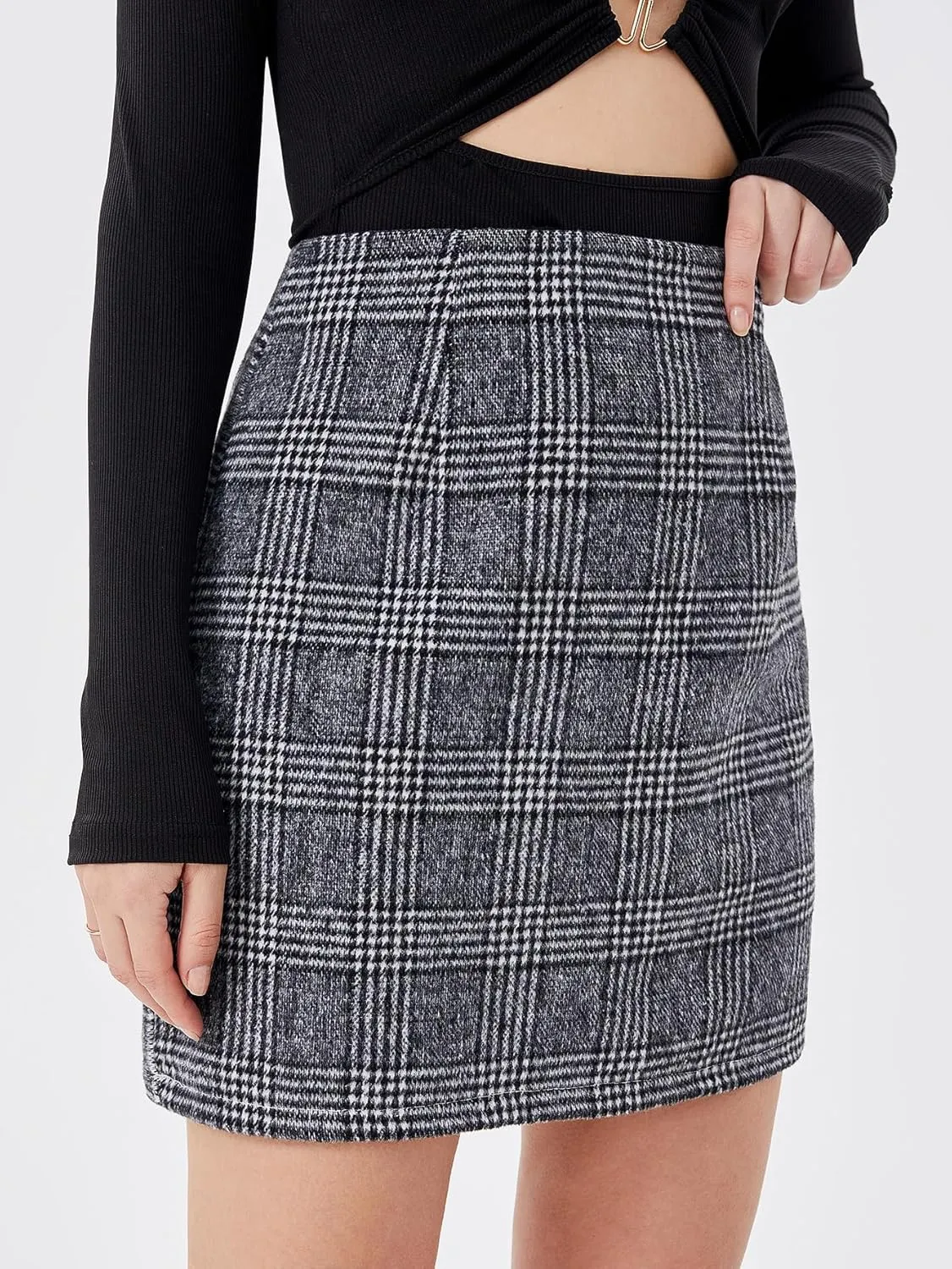 Women's Casual Plaid Skirt Zipper Side High Waisted Bodycon Mini Skirt