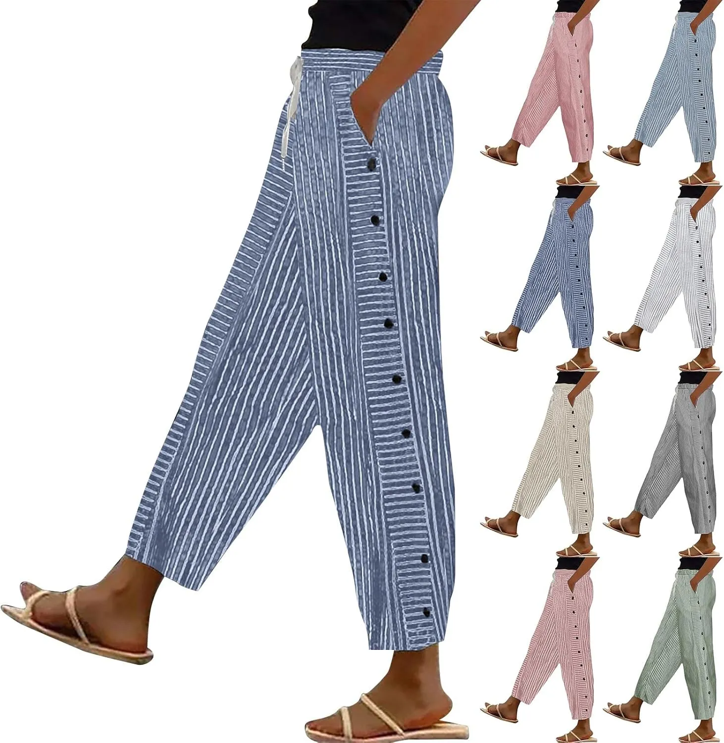 Womens Linen Cotton Blend Striped Pants Shorts Summer 2025 Casual Dressy High Waisted with Drawstring Waist Lightweight