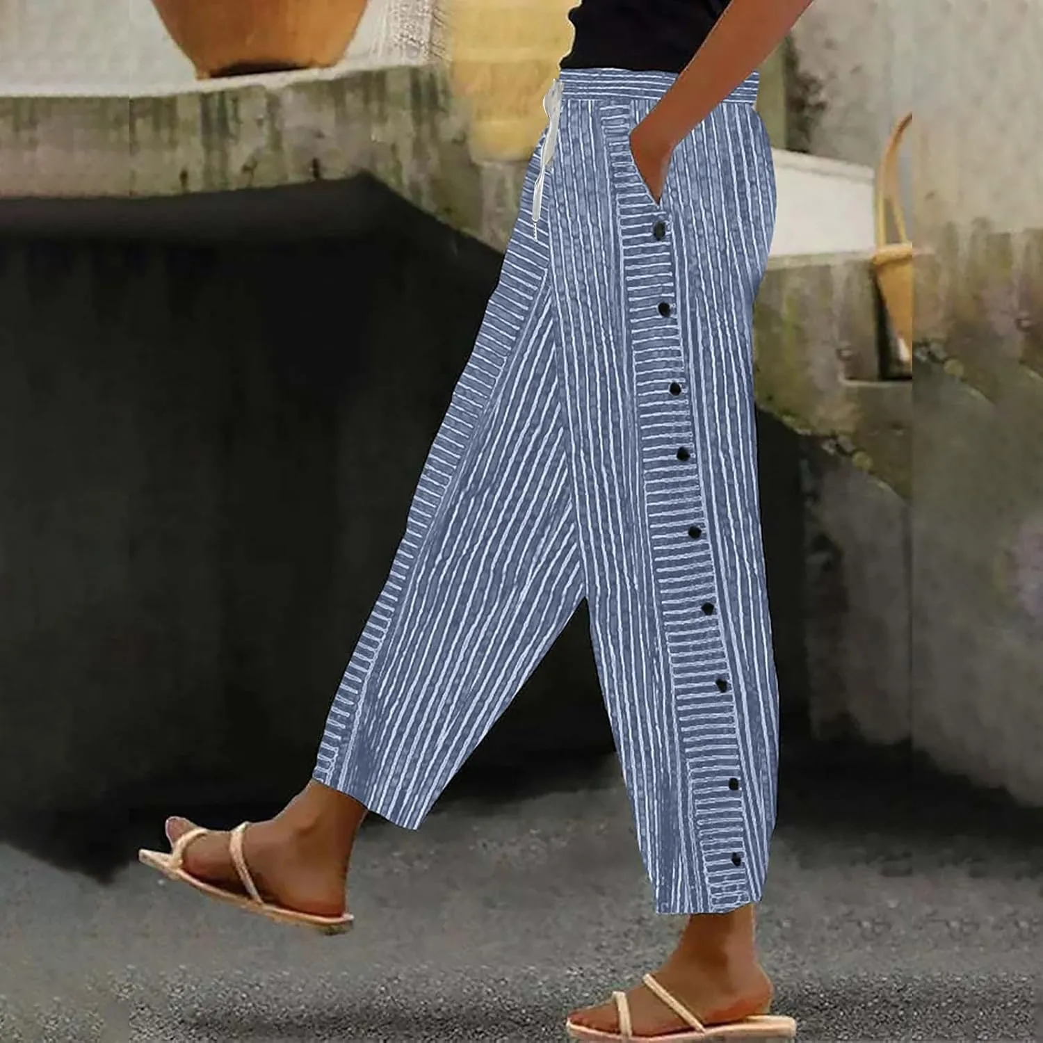 Womens Linen Cotton Blend Striped Pants Shorts Summer 2025 Casual Dressy High Waisted with Drawstring Waist Lightweight