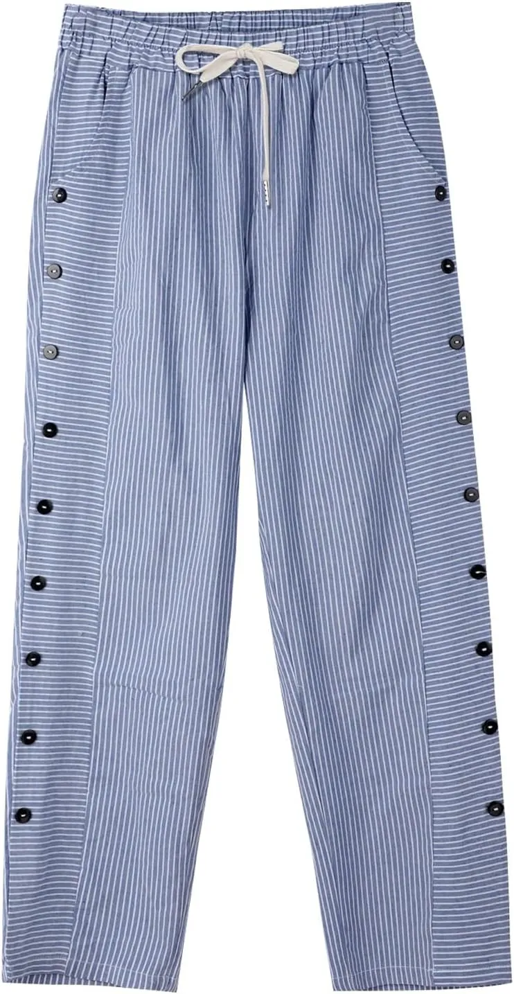 Womens Linen Cotton Blend Striped Pants Shorts Summer 2025 Casual Dressy High Waisted with Drawstring Waist Lightweight