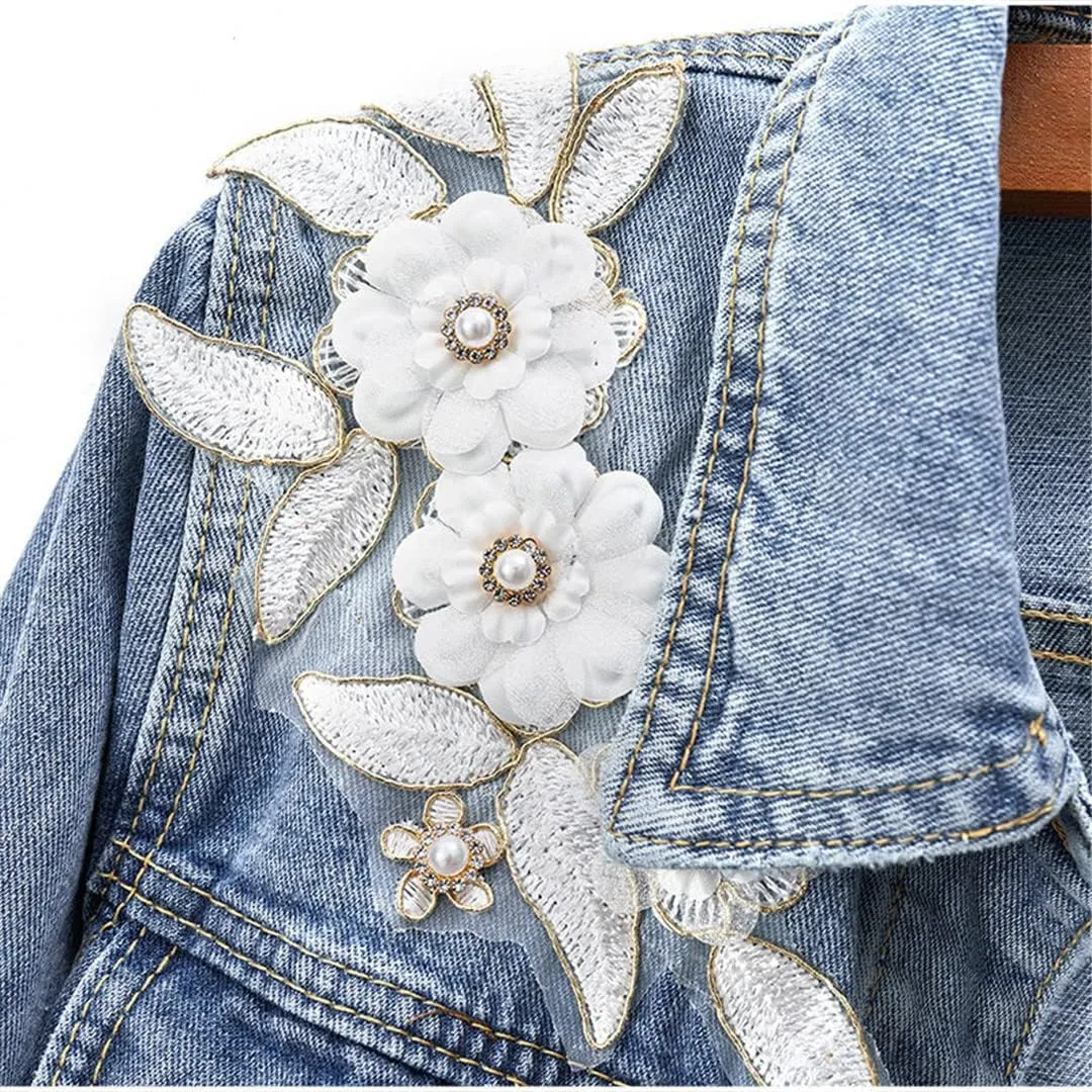 Women's Spring 3D Floral Appliqued Slim Fit Short Jean Jackets Flower Embroidery Pearl Beading Denim Coat
