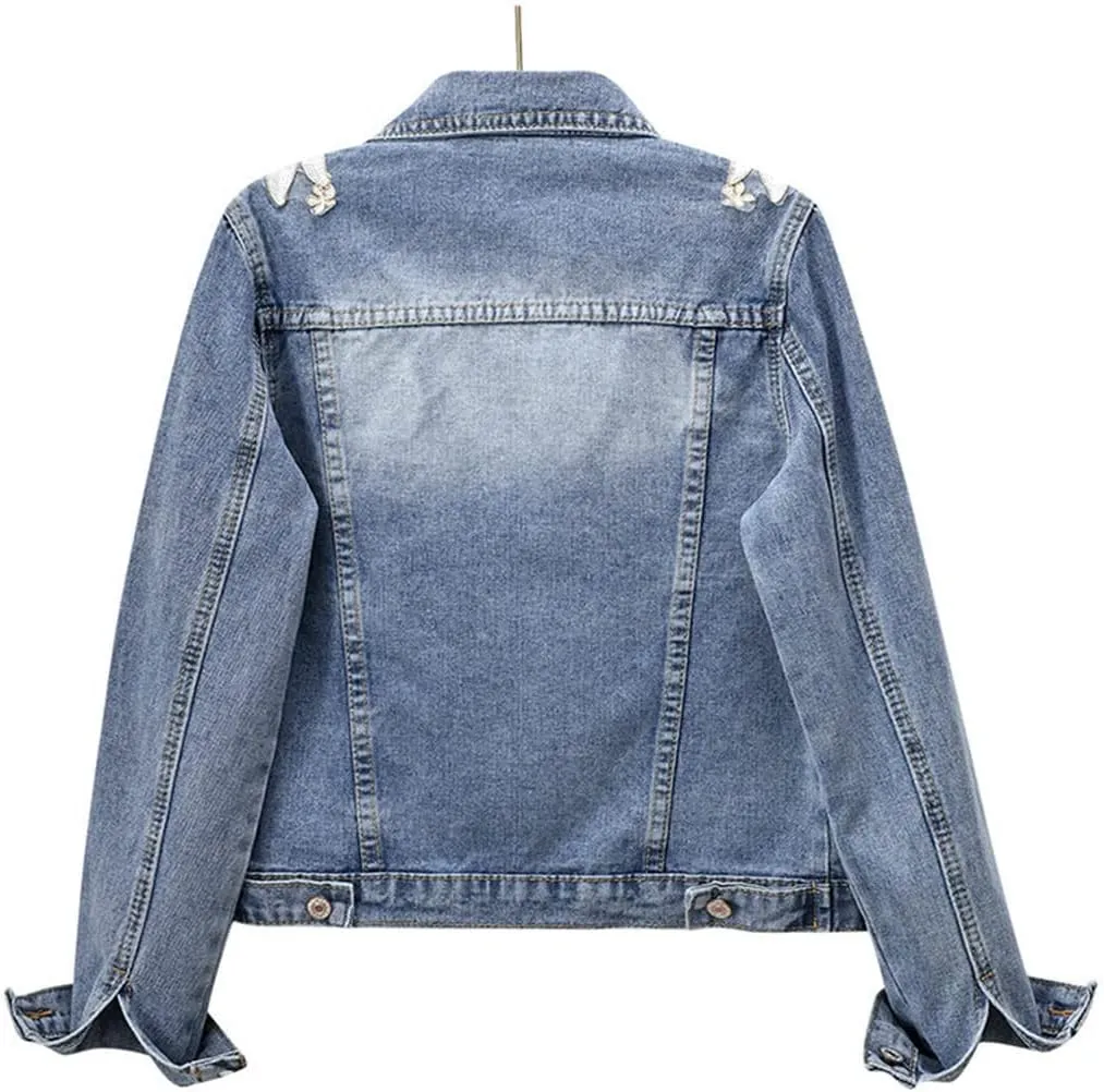 Women's Spring 3D Floral Appliqued Slim Fit Short Jean Jackets Flower Embroidery Pearl Beading Denim Coat