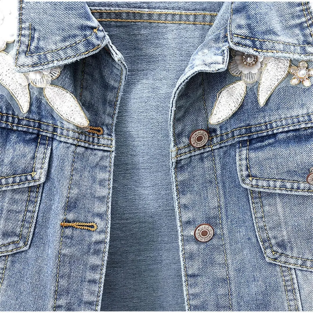 Women's Spring 3D Floral Appliqued Slim Fit Short Jean Jackets Flower Embroidery Pearl Beading Denim Coat