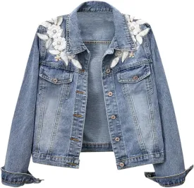 Women's Spring 3D Floral Appliqued Slim Fit Short Jean Jackets Flower Embroidery Pearl Beading Denim Coat