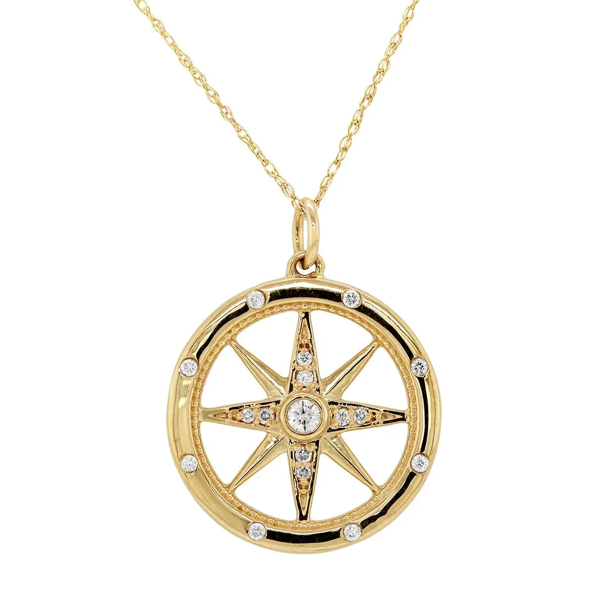 YELLOW GOLD FORTUNE COMPASS NECKLACE WITH DIAMONDS, 1/5 CT TW