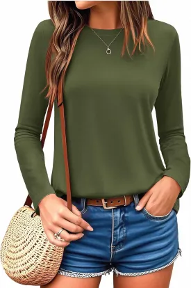 YUCOLEN Women's Cotton Long Sleeve Shirts Crewneck Cotton Basic T-Shirt Solid Color Soft Comfy Casual Tops Tees for Women